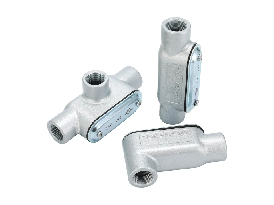 Photographed conduit bodies shown from several angles.